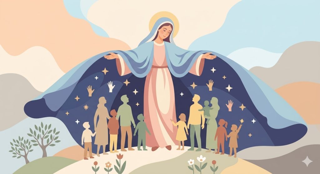 Trust in Mary's Mercy - Mary's wide open mantle welcoming small stars or silhouettes